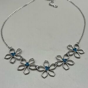 Elegant Silver Floral Necklace with Blue Accents